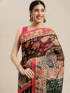 Black Kalamkari Print Soft Linen Saree with Pink Border