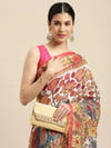 Cream Linen Kalamkari Print Saree with Red Tassel Pallu
