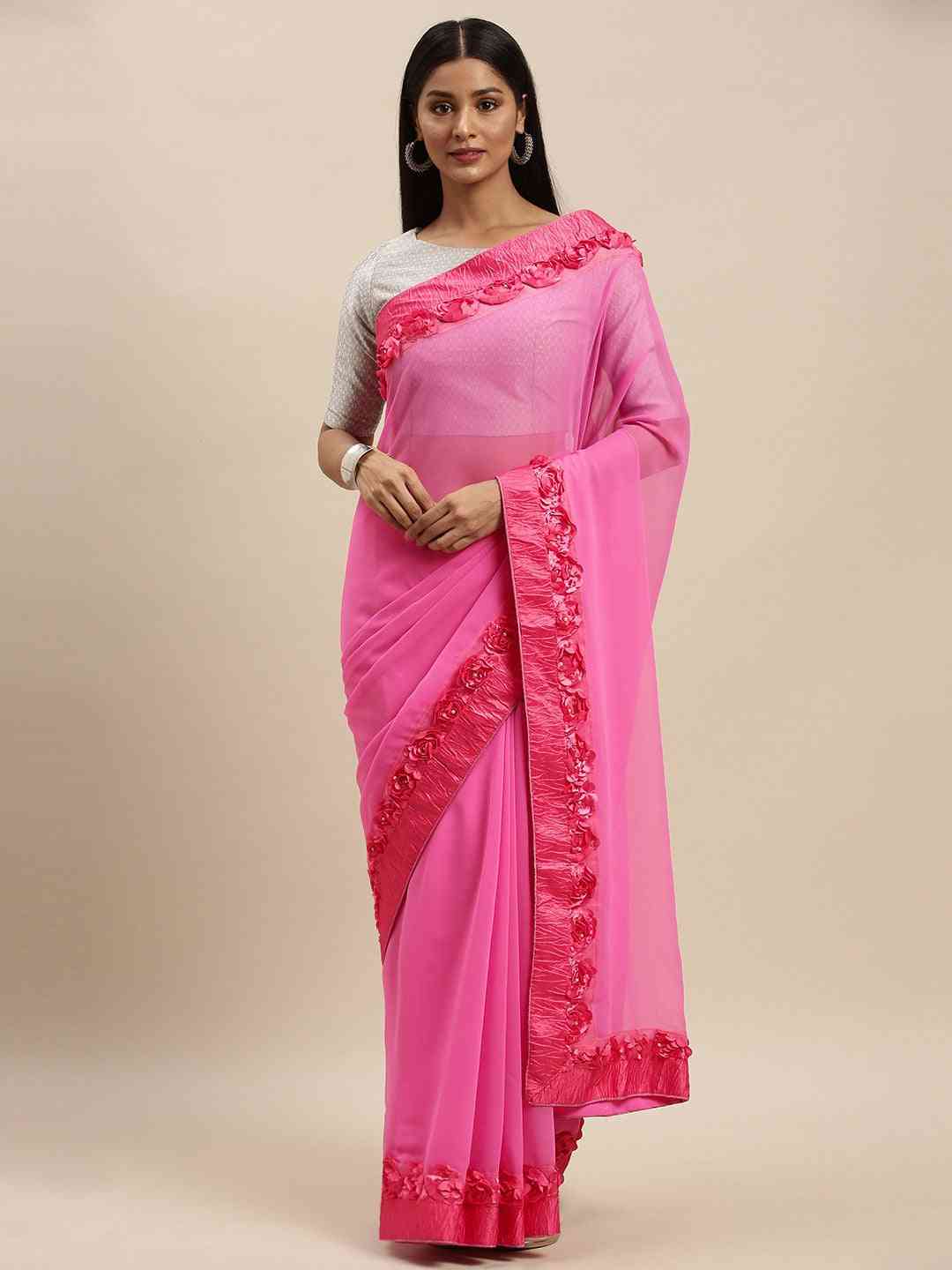 Ribbon Embroidered Poly Georgette Saree