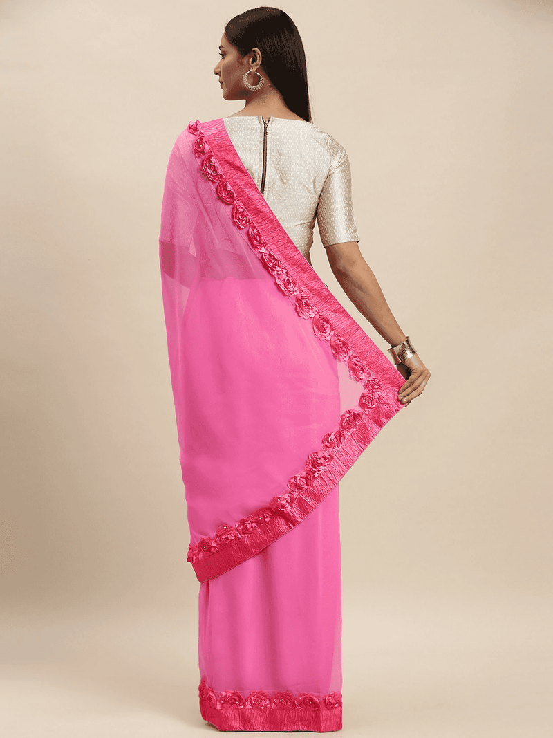 Ribbon Poly Georgette Party Wear Solid Saree