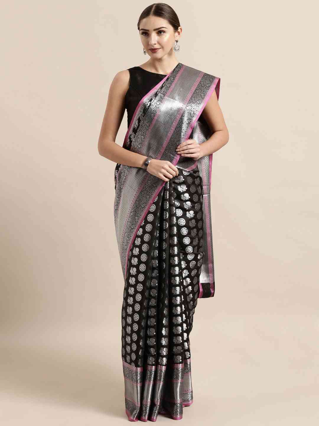 Kanjivaram Zari Silk Saree With Ethnic Motifs Work