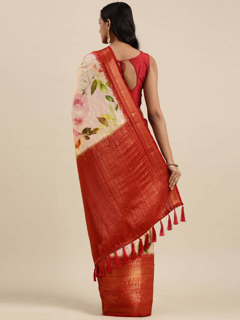 Red Colour Digital Floral Print Pattu Banarasi Silk Saree