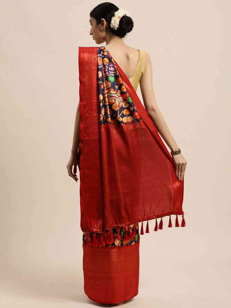 Black Colour Kalamkari Zari Work Silk Blend Kanjivaram Saree