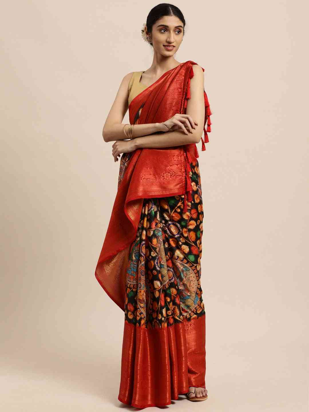 Kalamkari Zari Work Silk Blend Kanjivaram Saree