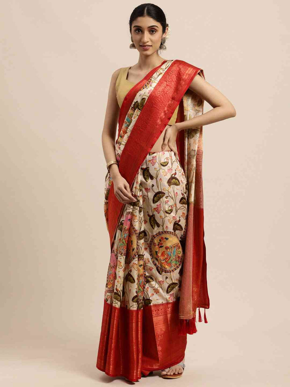 Kanjeevaram Silk Saree with Kalamkari Print | Vastranand