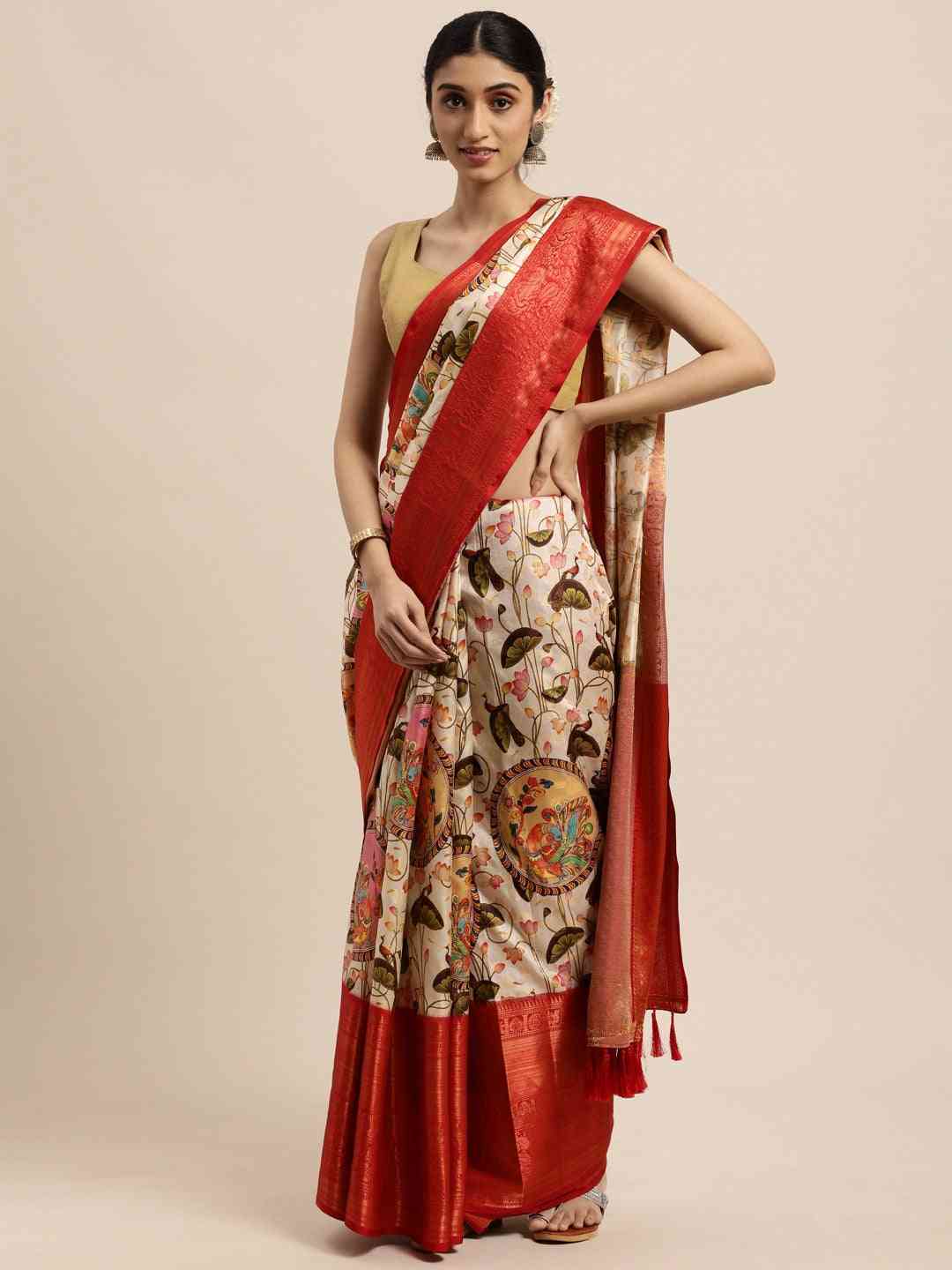 Kanjeevaram Silk Saree with Kalamkari Print | Vastranand