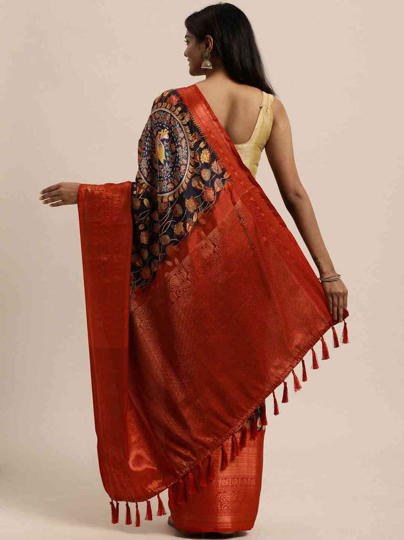 Beautiful Kalamkari Zari Work Silk Blend Kanjivaram Saree
