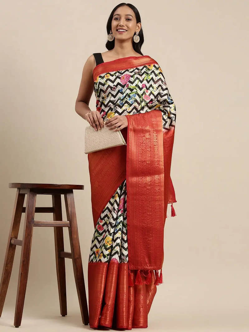 Off White Digital Kalamkari Print Pattu Banarasi Silk Saree