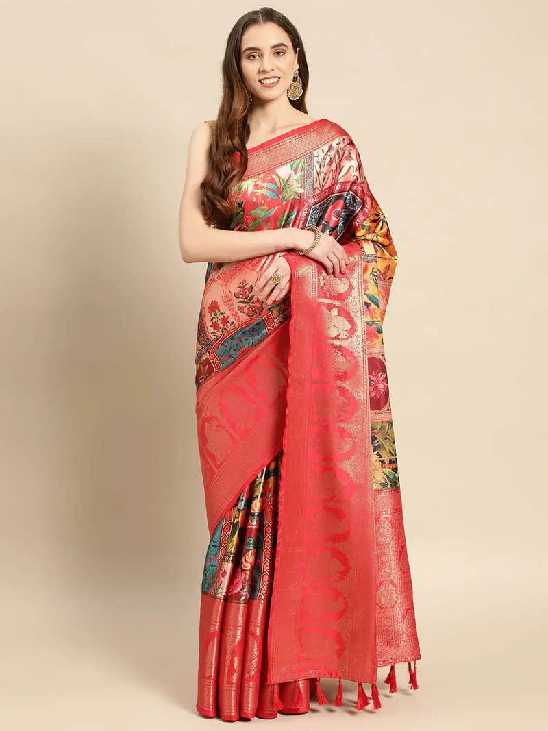 Soft Satin Kanchi Border Colour Block Print Party Wear Saree