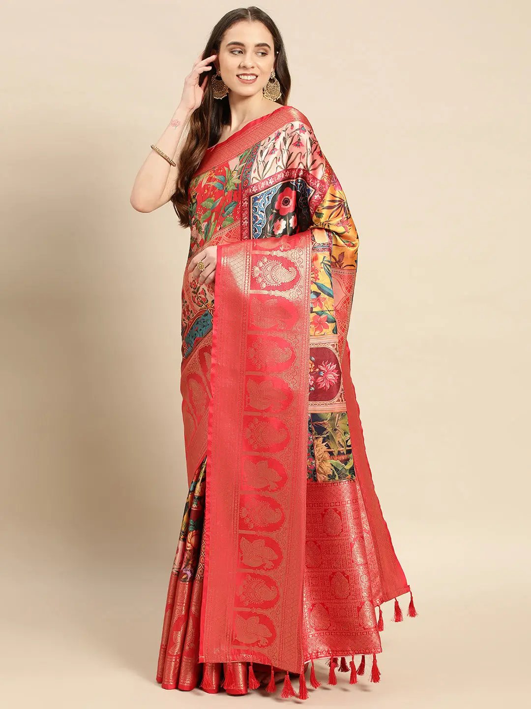 Soft Satin Kanchi Border Kalamkari Saree