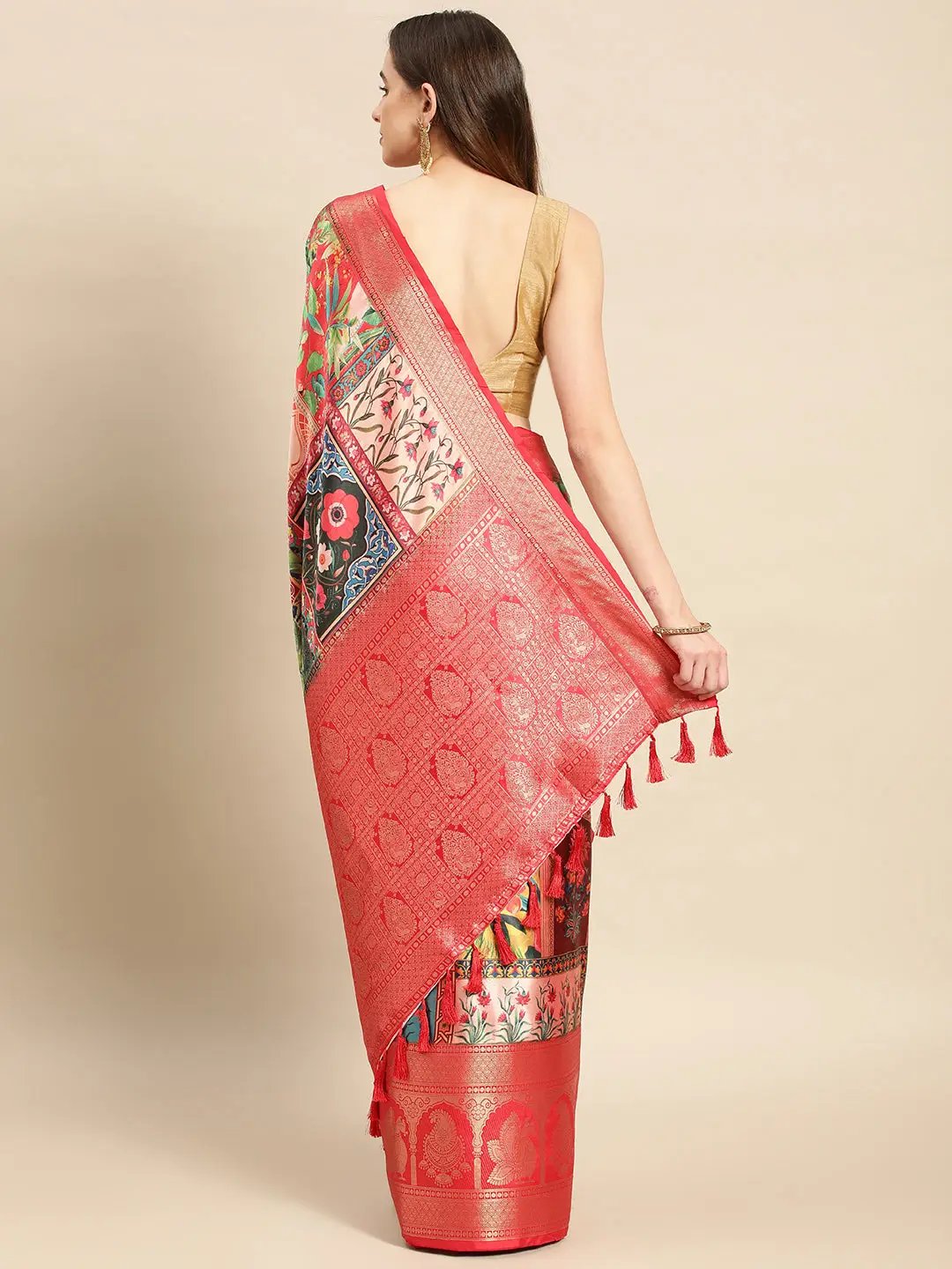 Soft Satin Kanchi Border Kalamkari Saree