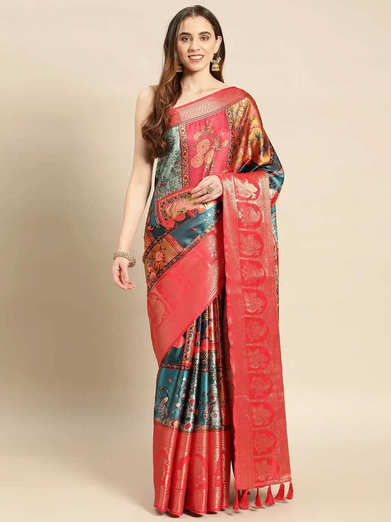 Soft Satin Kanchi Border Colour Block Print Party Wear Saree