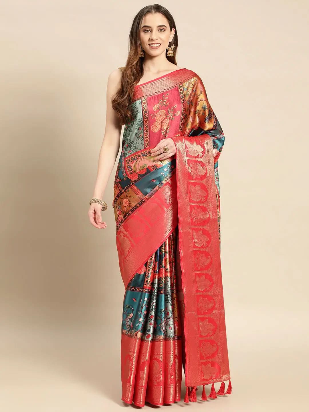 Soft Satin Kanchi Border Kalamkari Saree