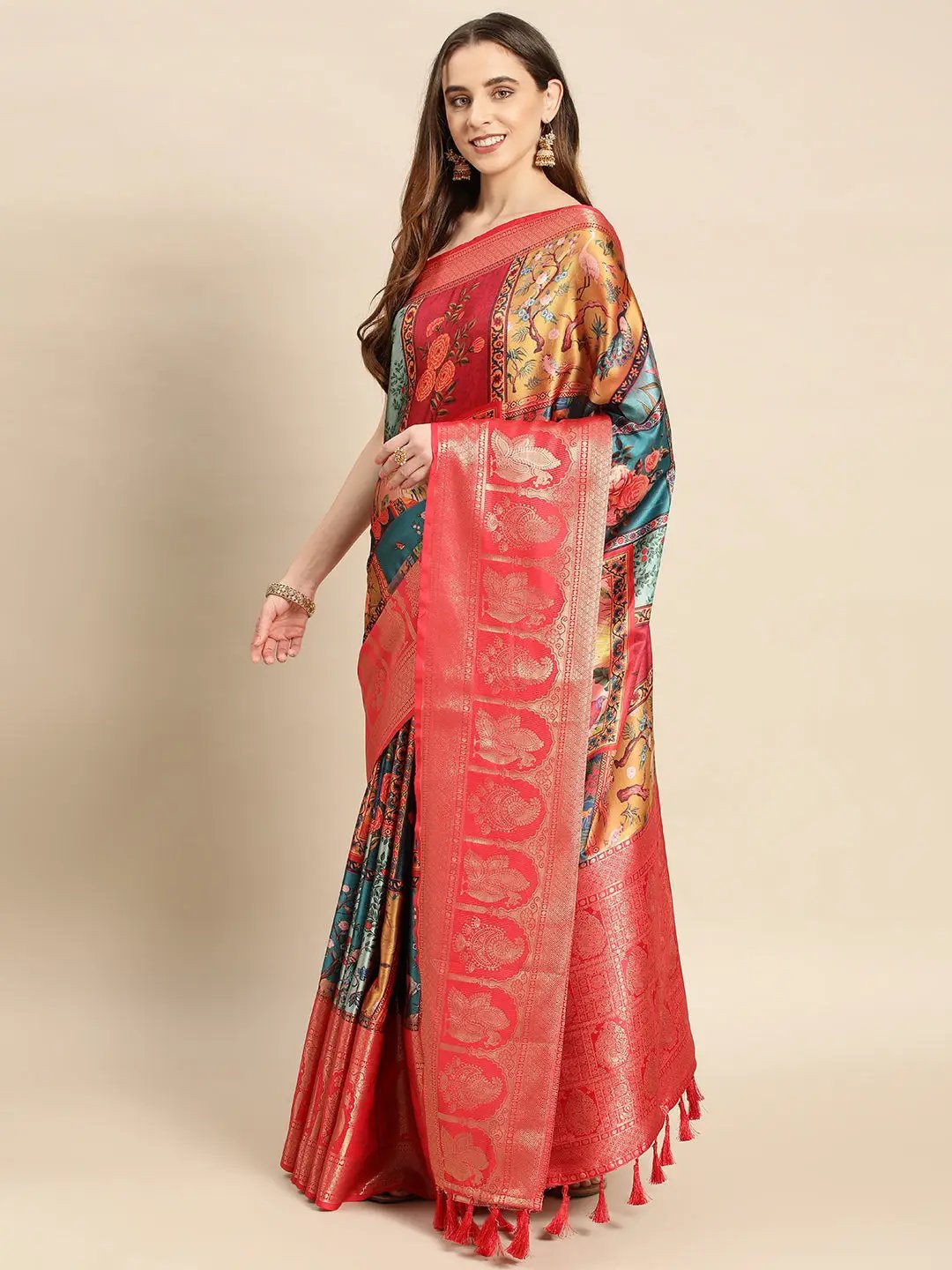 Soft Satin Kanchi Border Kalamkari Saree