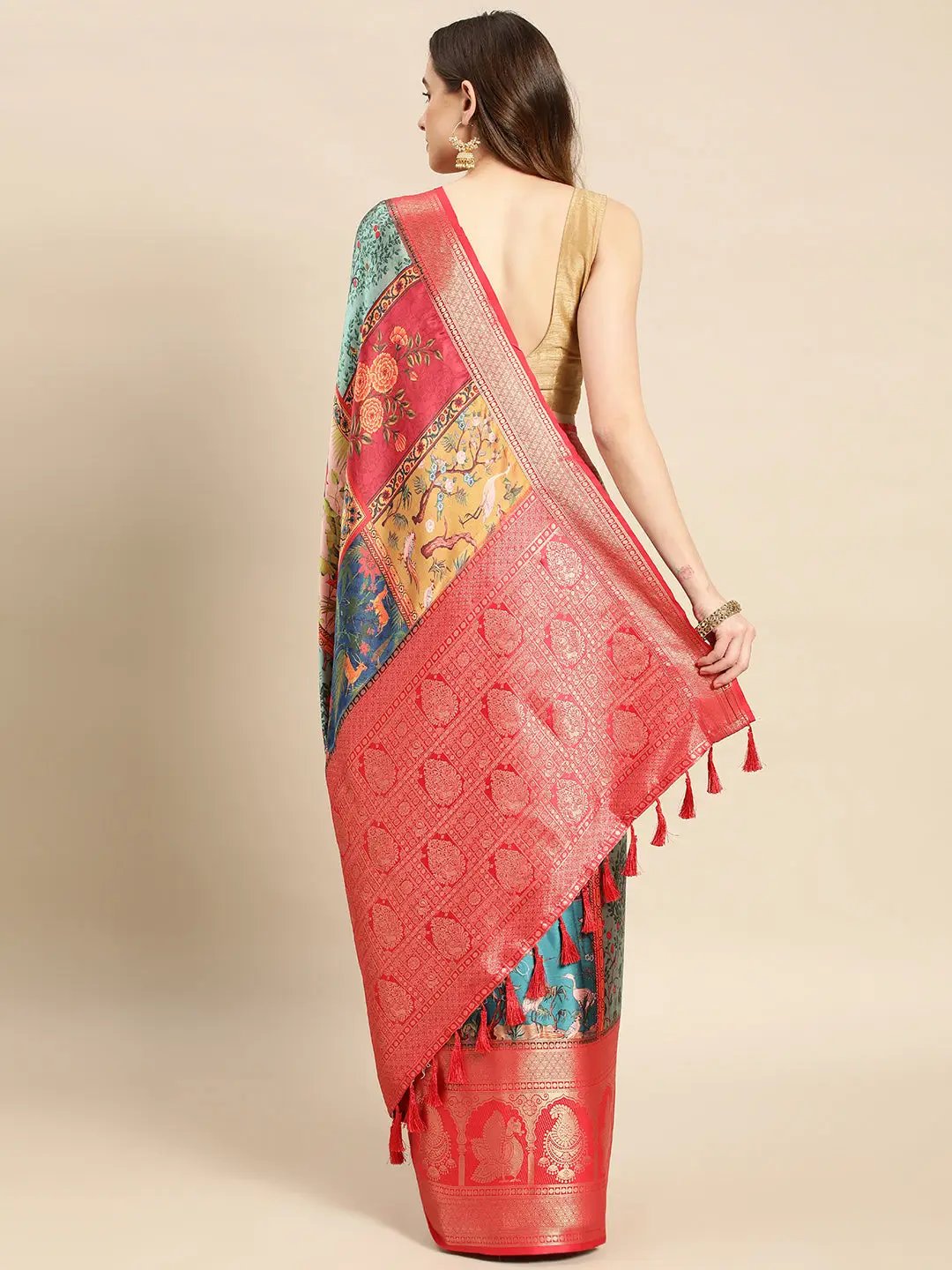 Soft Satin Kanchi Border Kalamkari Saree