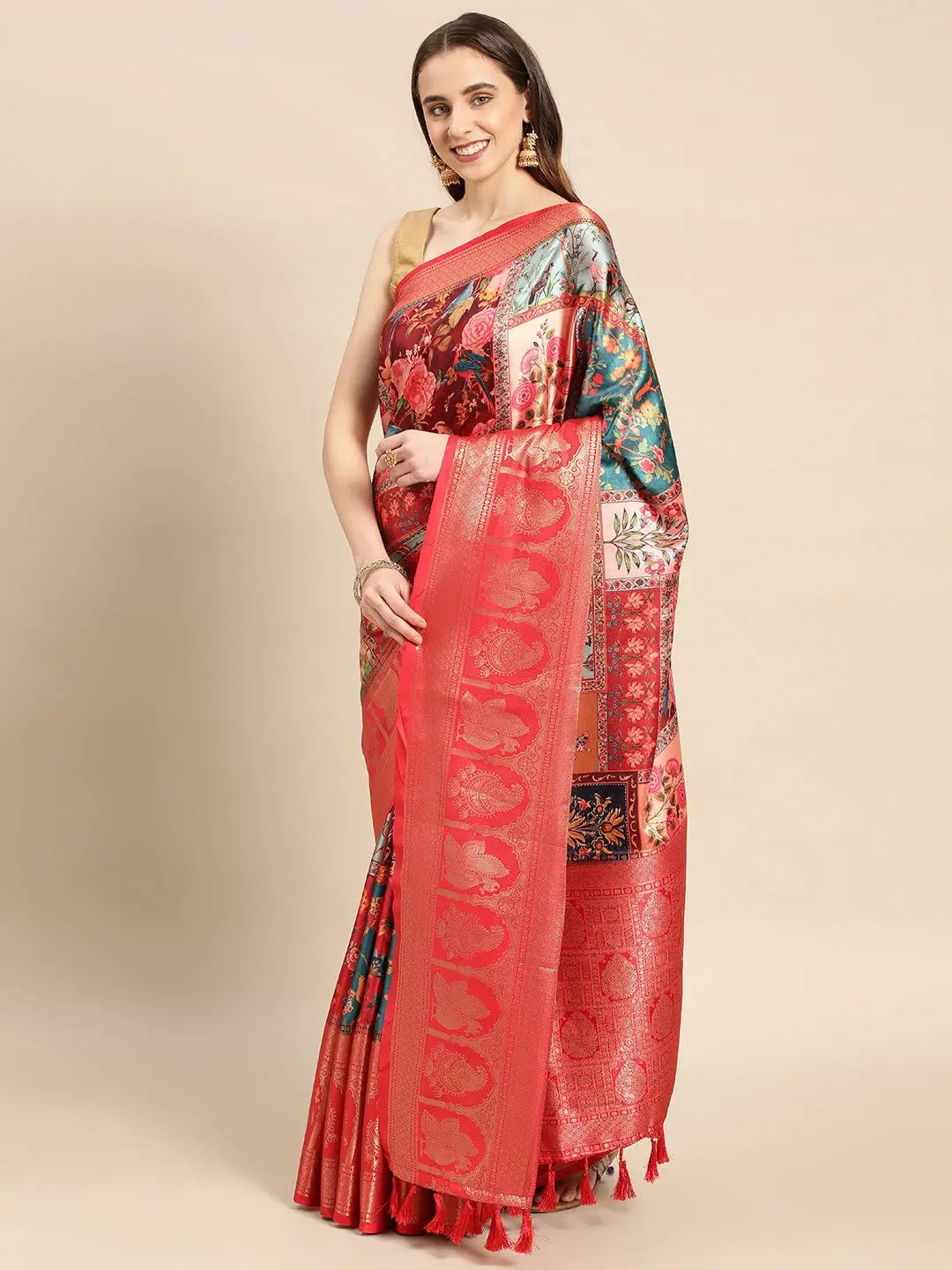 Soft Satin Kanchi Border Kalamkari Saree