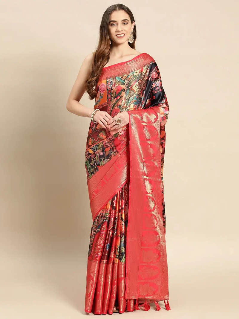 Soft Satin Kanchi Border Colour Block Print Party Wear Saree
