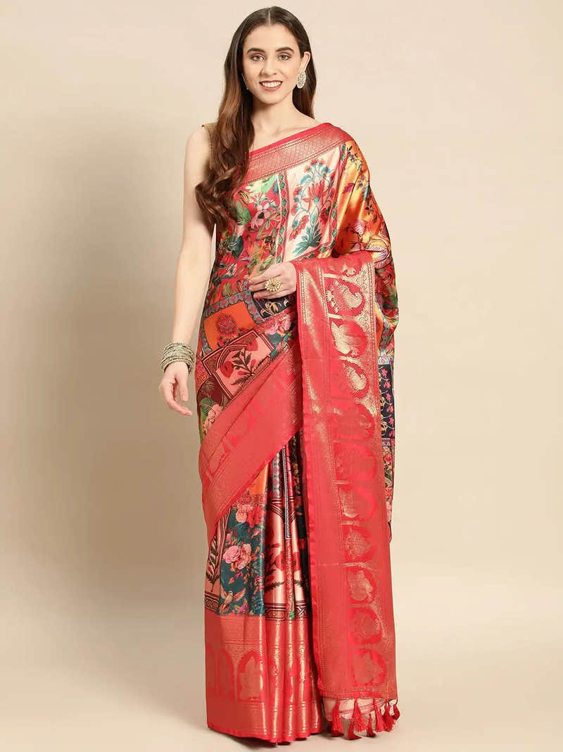 Soft Satin Kanchi Border Colour Block Print Party Wear Saree