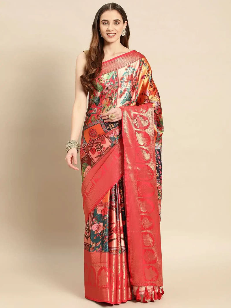 Soft Satin Kanchi Border Kalamkari Saree