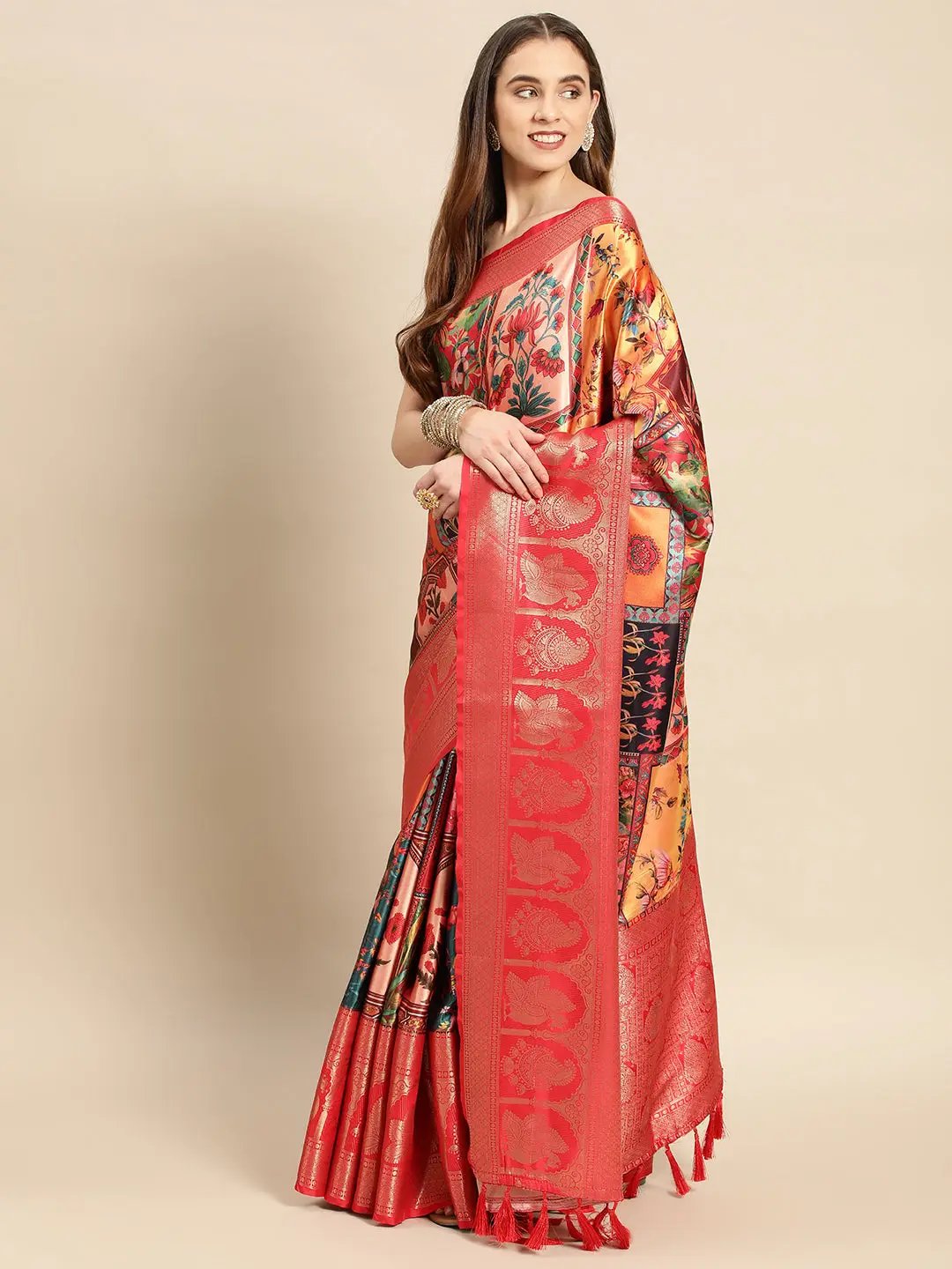 Soft Satin Kanchi Border Kalamkari Saree