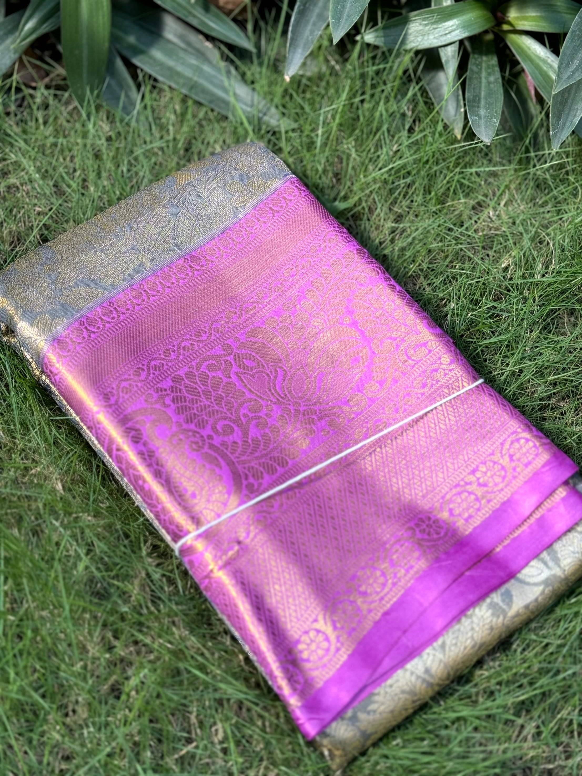 Grey Golden Threadwork Dharmavaram Saree