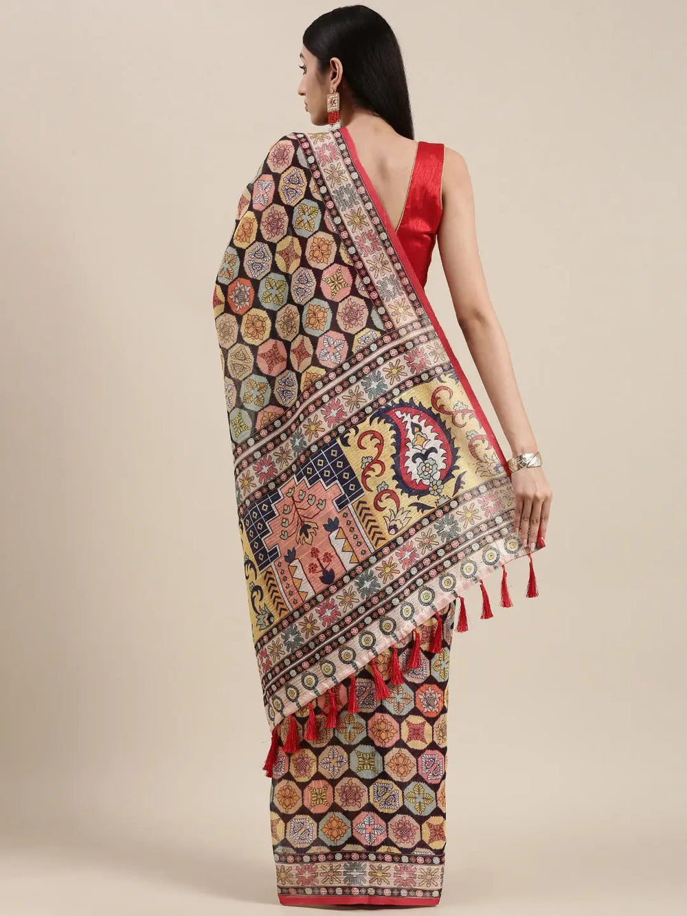Stylish Soft Linen Kalamkari Block Print Party Wear Saree