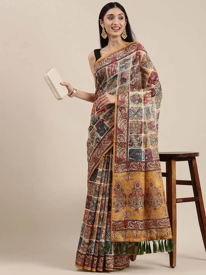 Multi Colour Soft Linen Kalamkari Block Print Saree