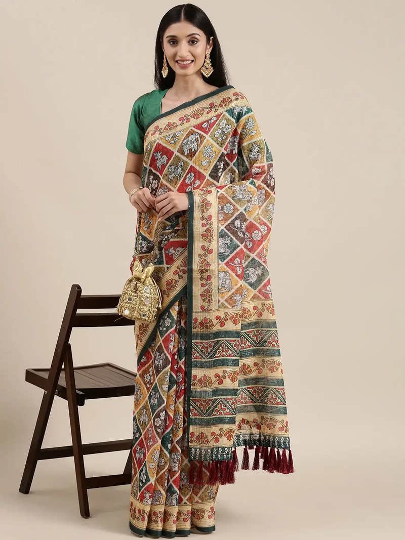 Soft Linen Kalamkari Block Print Party Wear Saree
