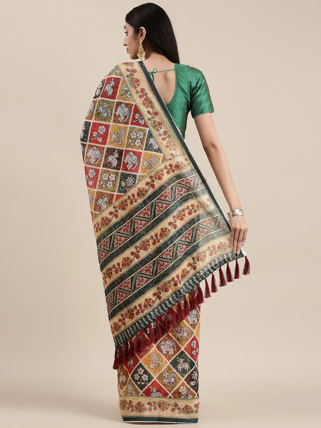 Beige Colour Soft Linen Kalamkari Block Print Saree