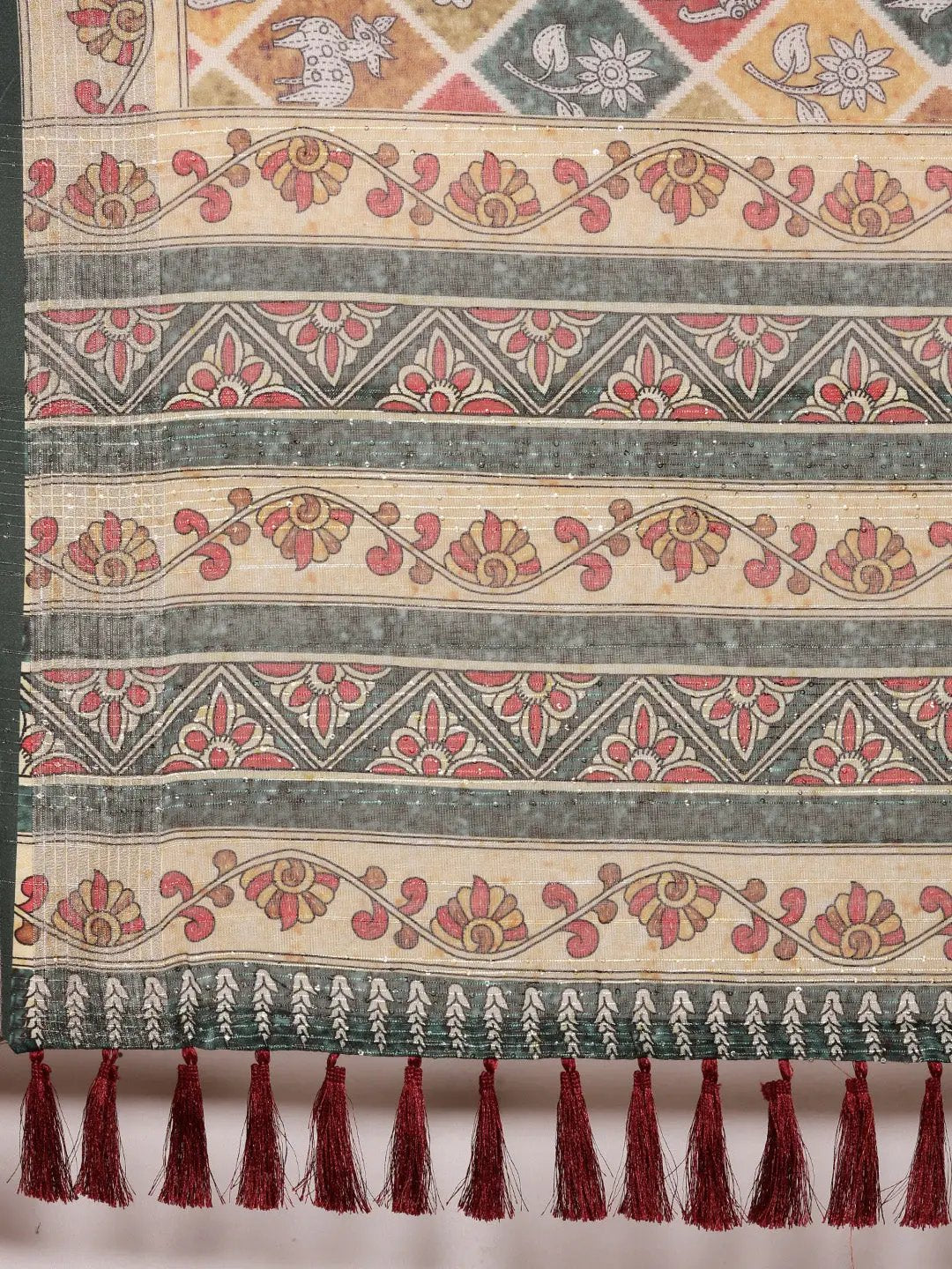 Beige Colour Soft Linen Kalamkari Block Print Saree
