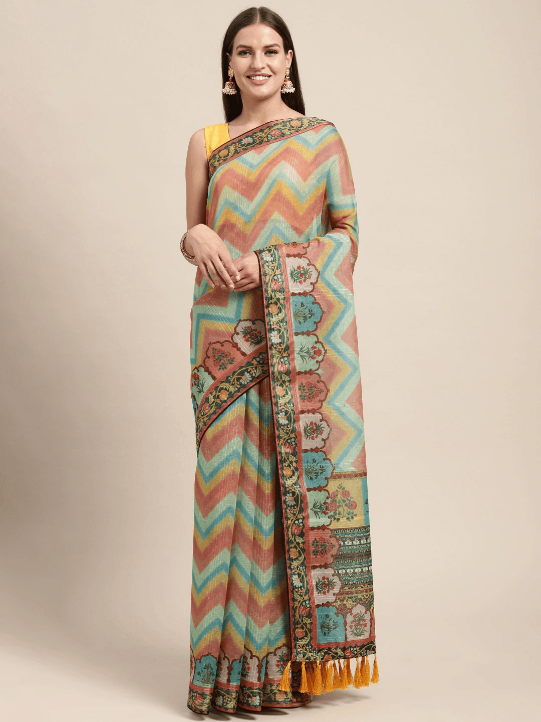 Soft Linen Kalamkari Block Print Sarees