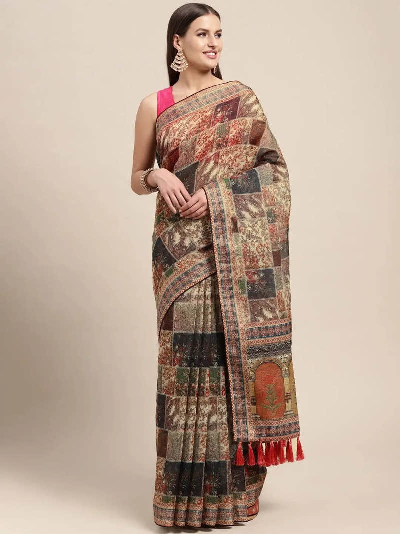 Soft Linen Mughal Print & Sequence Work Saree