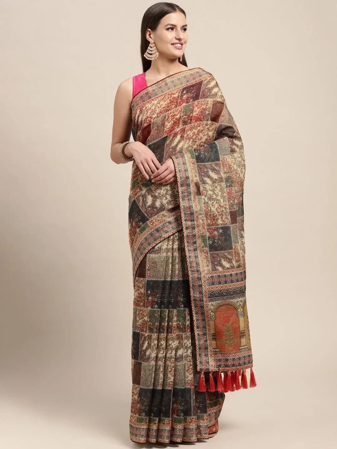 Soft Linen Kalamkari Block Print Sarees