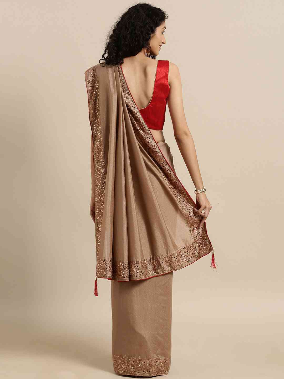 Beige Colour Poly Silk Solid Saree with Embellished Border