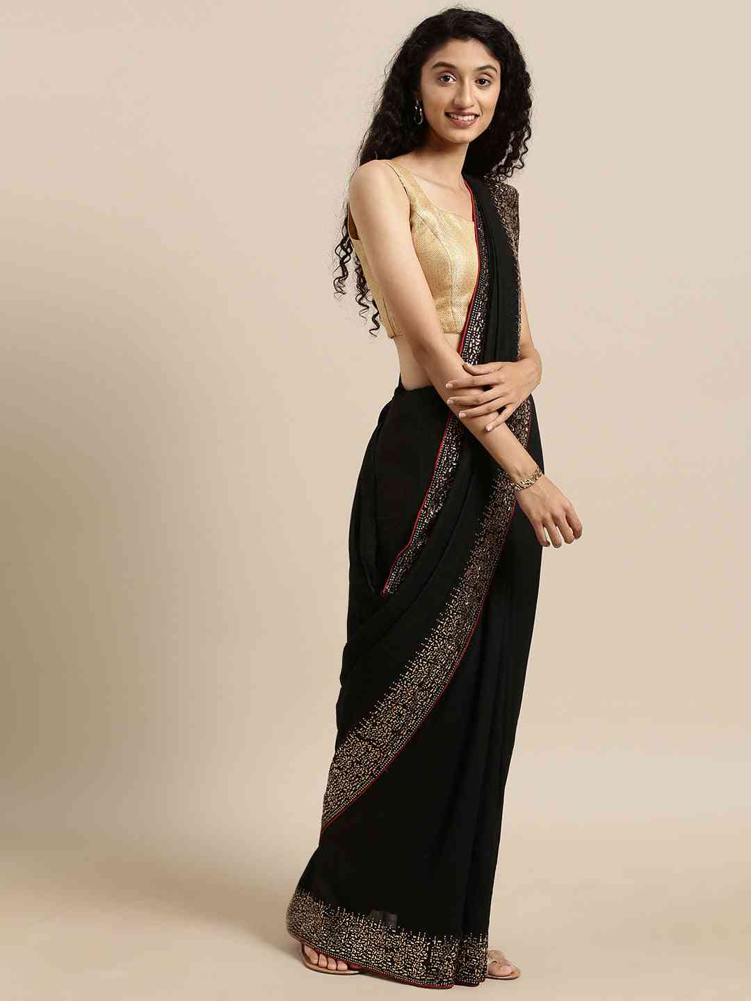 Black Colour Poly Silk Solid Saree with Embellished Border