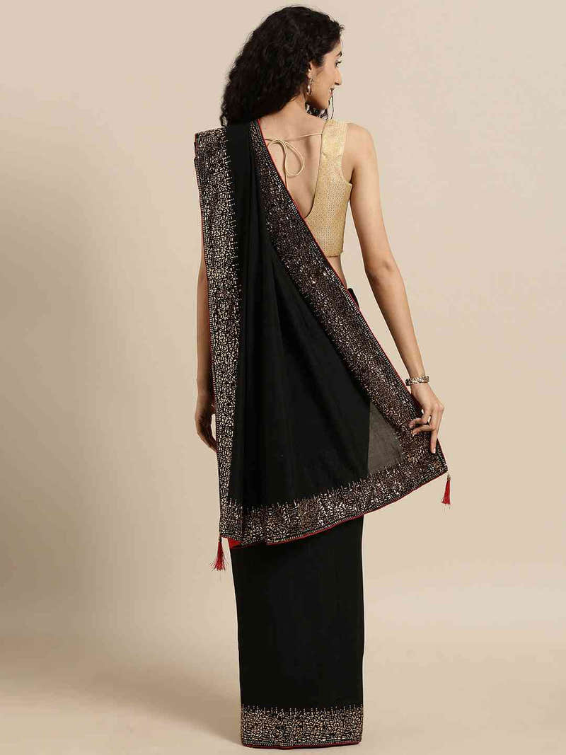 Black Colour Poly Silk Saree With Stones Work