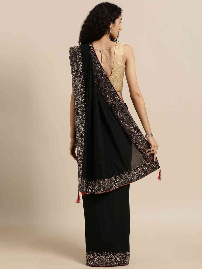 Black Colour Poly Silk Solid Saree with Embellished Border