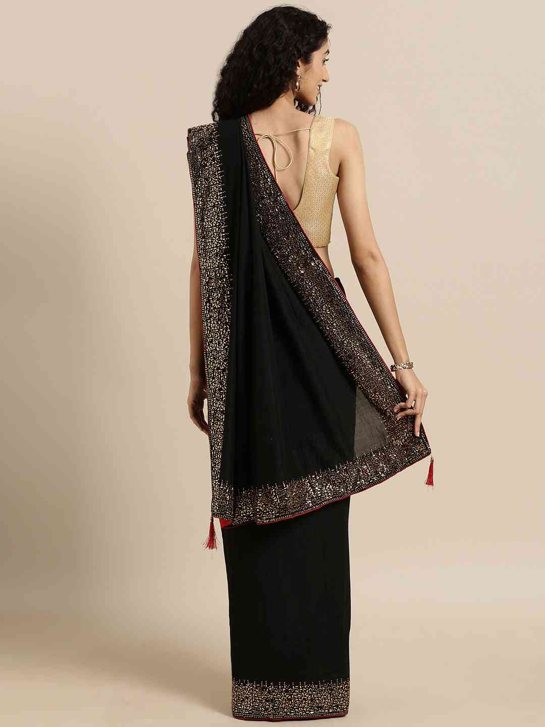 Black Colour Poly Silk Solid Saree with Embellished Border