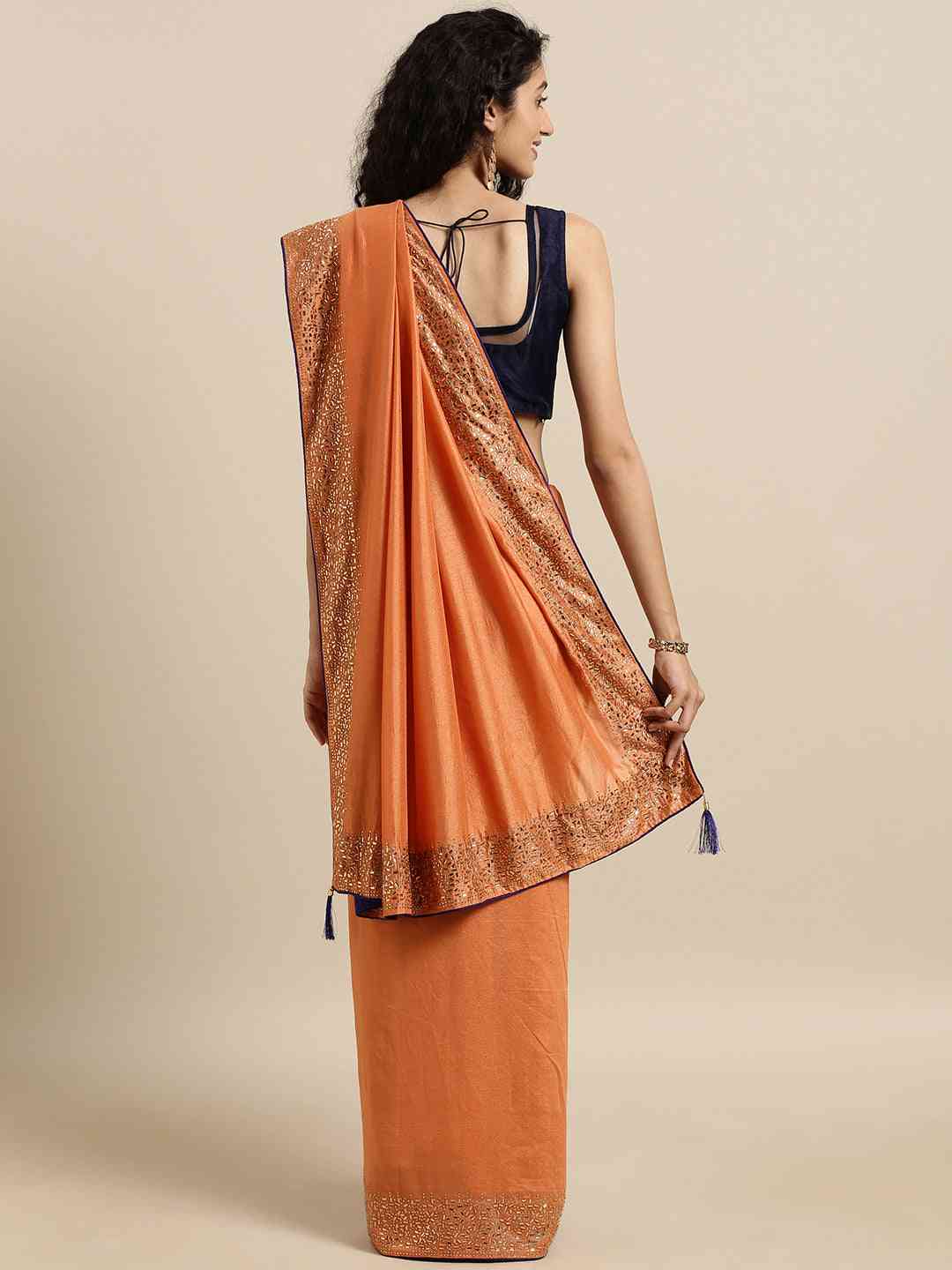 Peach Colour Poly Silk Solid Saree with Embellished Border