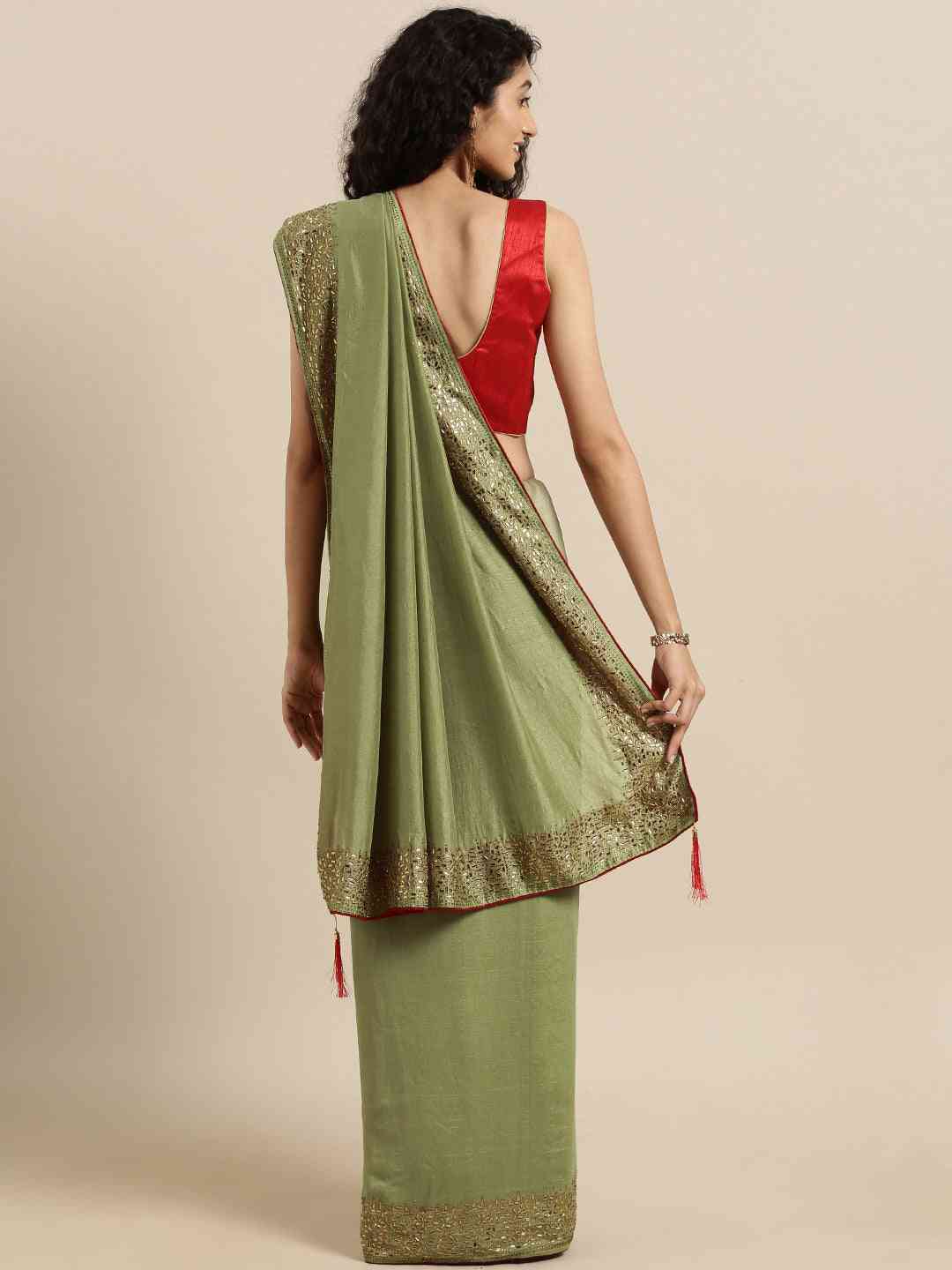 Green Colour Poly Silk Solid Saree with Embellished Border