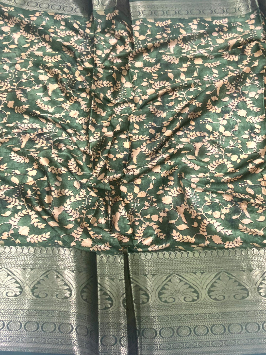 Green Floral Animal Batik Soft Silk Saree
