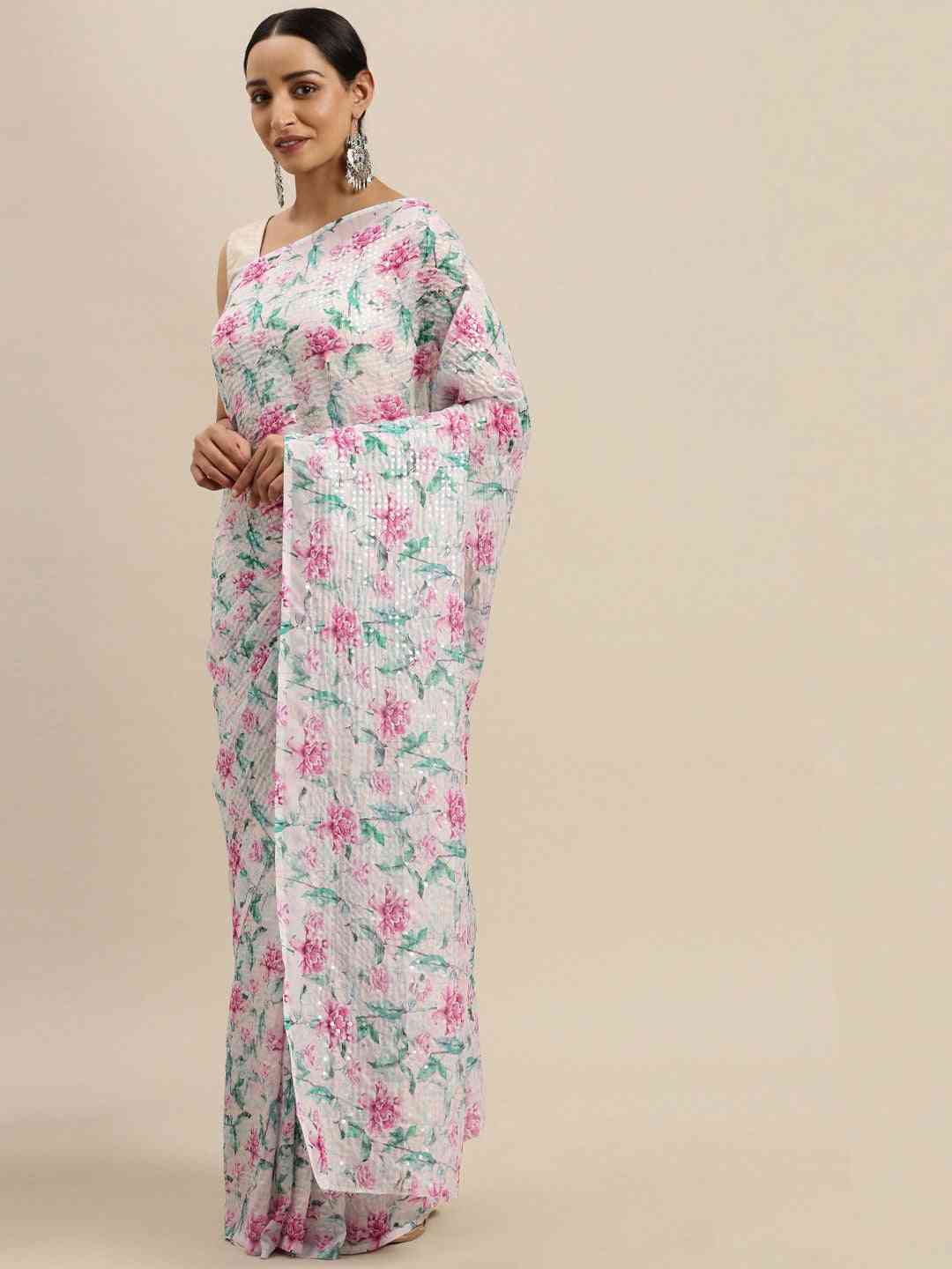 Stylish Pure Silk Floral Print Saree with Sequinned Work