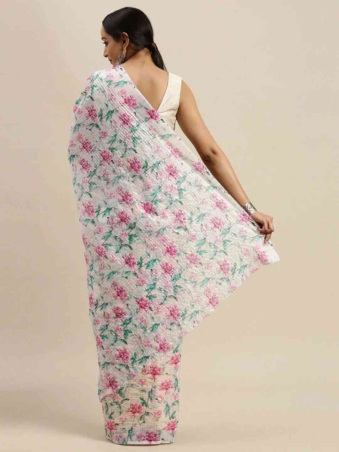 Stylish Pure Silk Floral Print Saree with Sequinned Work
