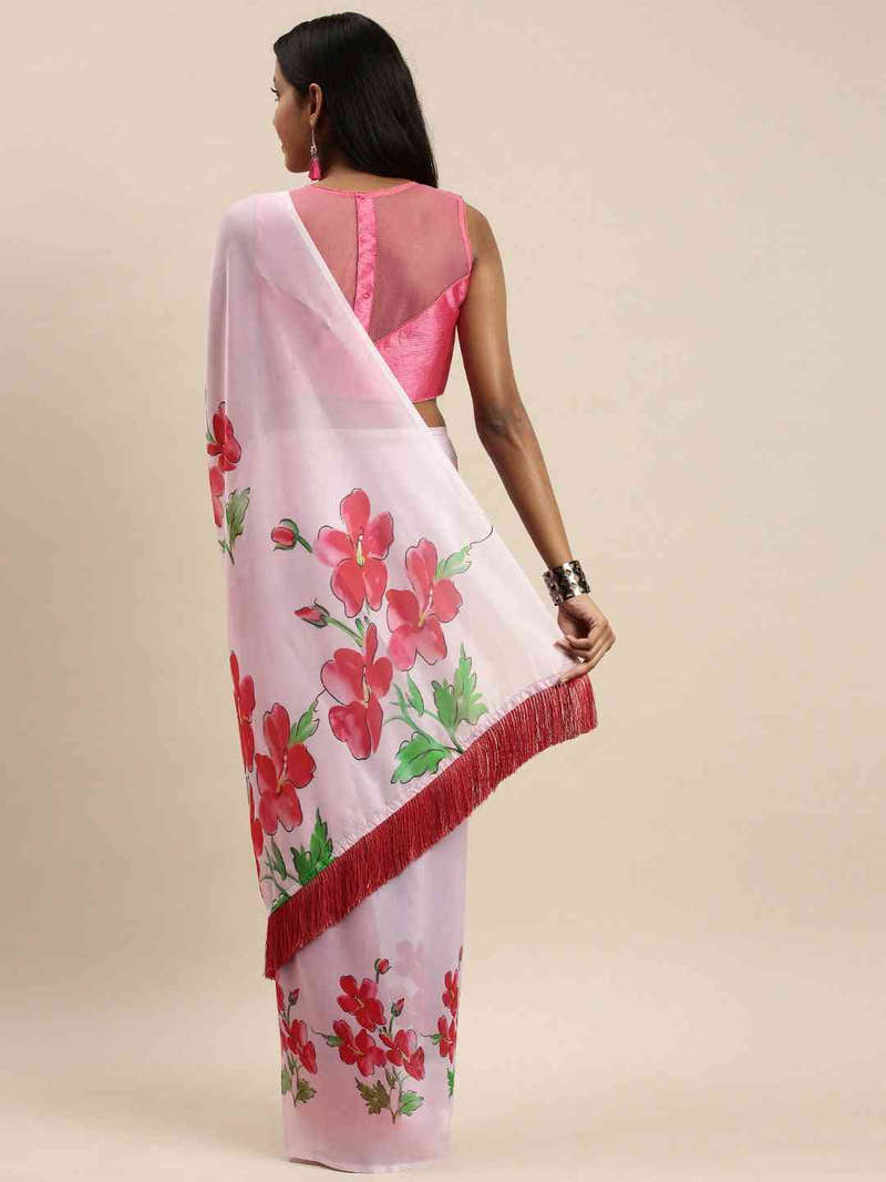 Pink Colour Floral Printed Tebi Silk Saree With Resham Tassel