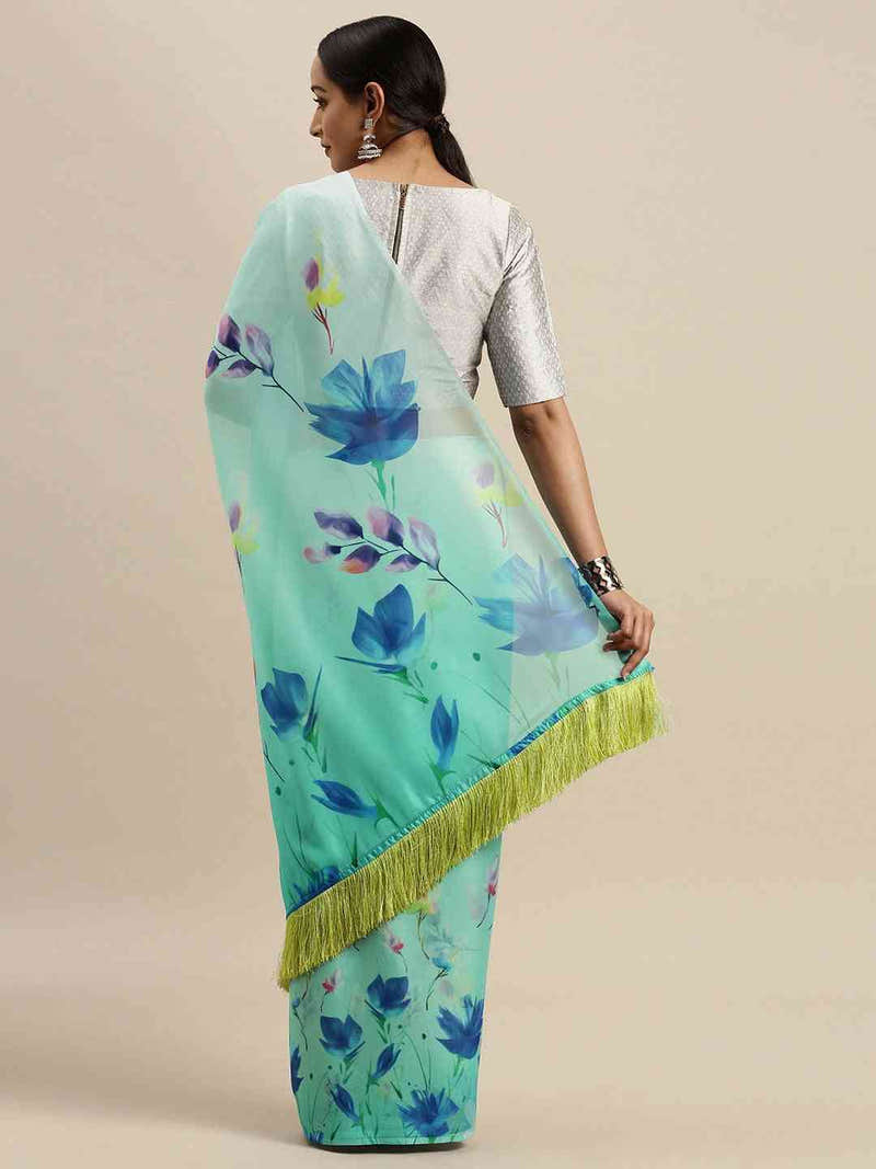 Aqua Colour Floral Printed Tebi Silk Saree With Resham Tassel