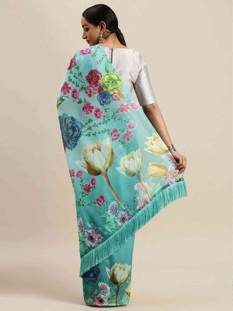 Turquoise Colour Floral Printed Tebi Silk Saree With Resham Tassel