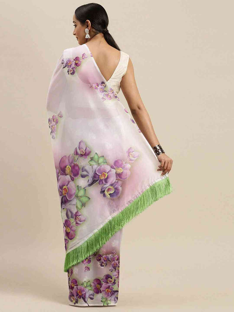 Off White Colour Floral Printed Tebi Silk Saree With Resham Tassel