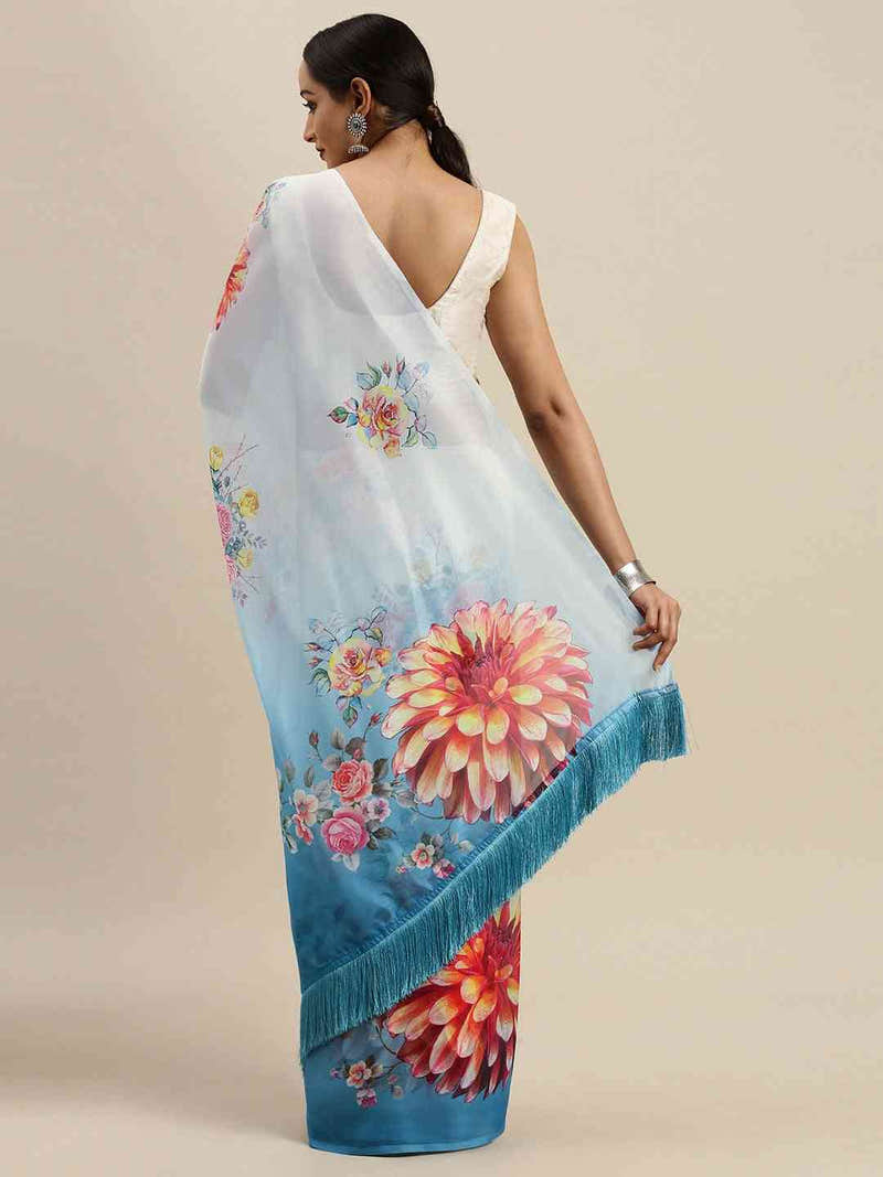 Blue Colour Floral Printed Tebi Silk Saree With Resham Tassel