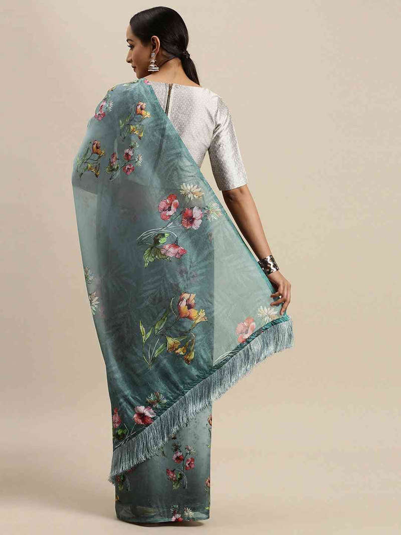 Grey Colour Floral Printed Tebi Silk Saree With Resham Tassel