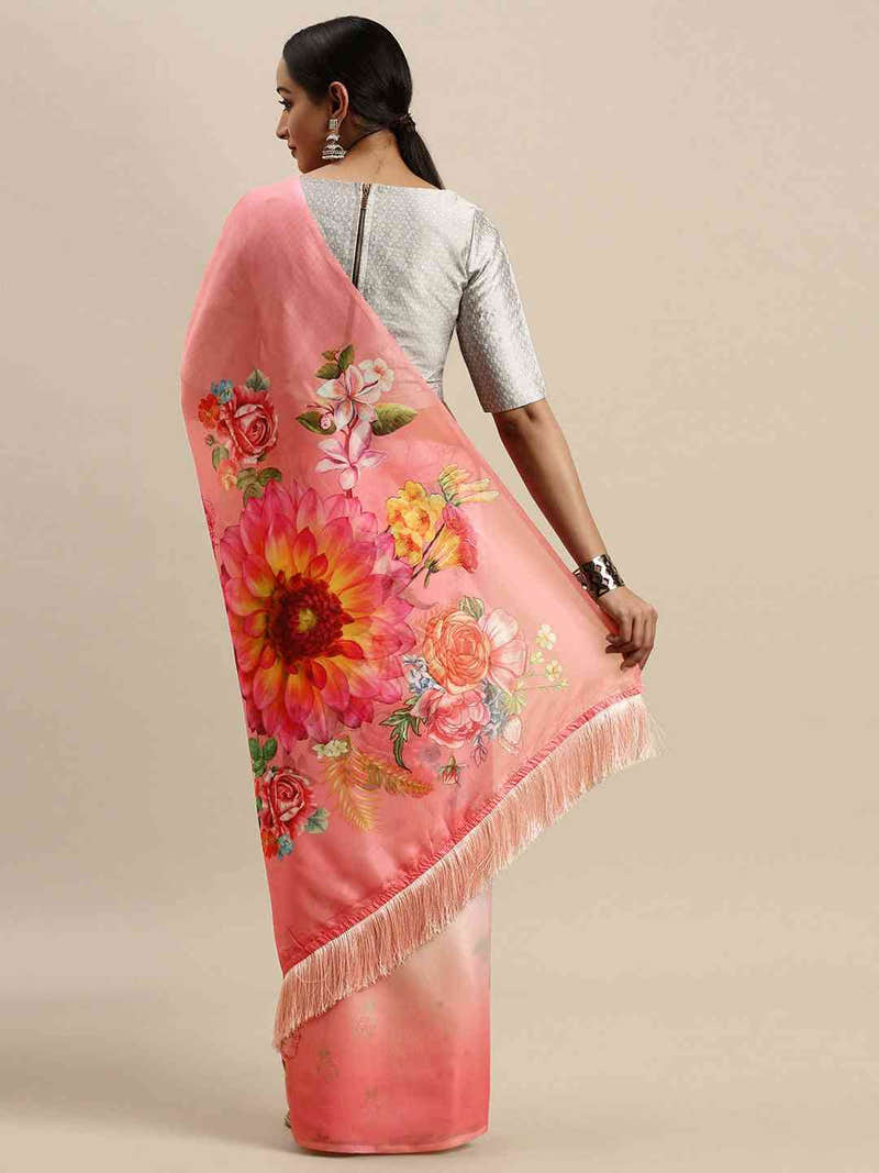 Pink Colour Floral Printed Tebi Silk Saree With Resham Tassel